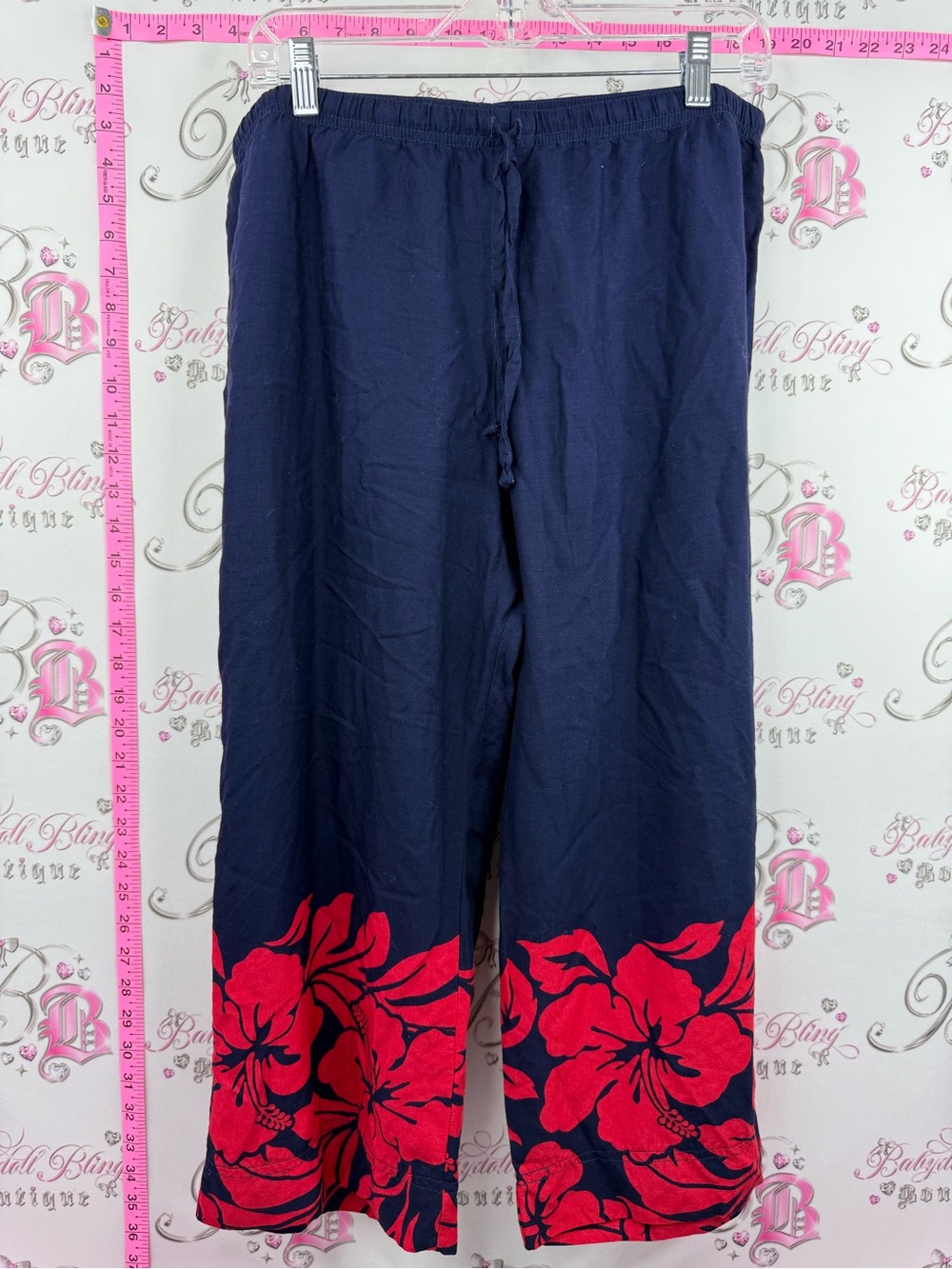 Jantzen pants tiki hibiscus 🌺 Navy Wide-Leg Pants with Red Floral Hem Hawaii